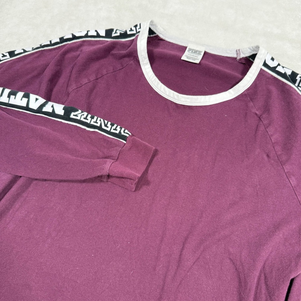 Victoria Secret PINK Nation Long Sleeve Ringer Tee Burgundy Maroon Large 387402